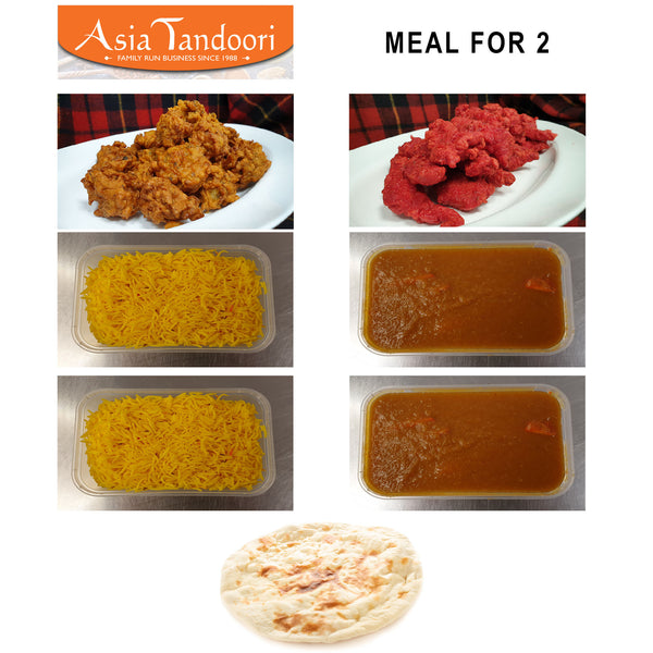 Meal for 2 - 500g Mixed Chicken & Vegetable Pakora, 2 Curries of Your Choice, 2 x Fried Rice, Naan bread